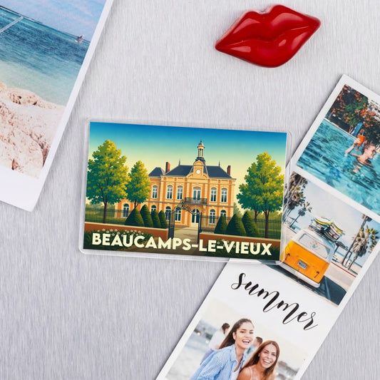 Magnet souvenir de la ville de Beaucamps-le-Vieux avec une illustration stylisée de son hôtel de ville.