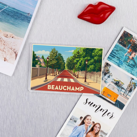 Magnet souvenir de la ville de Beauchamp avec une illustration stylisée.