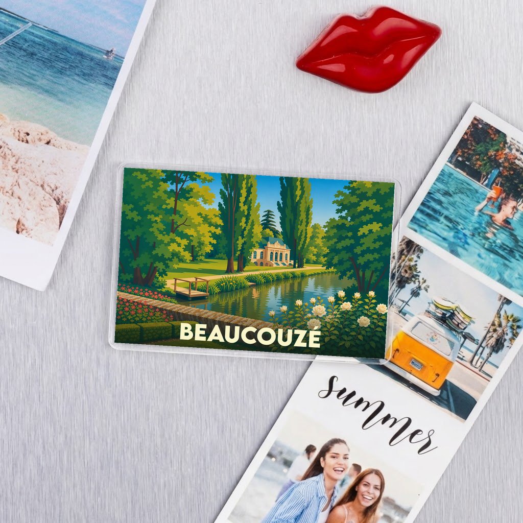 Magnet souvenir de la ville de Beaucouzé avec une illustration stylisée d'un parc paysager.
