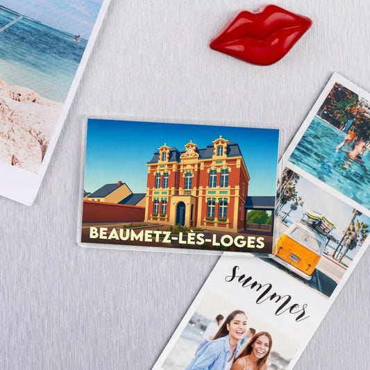 Magnet souvenir de la ville de Beaumetz-lès-Loges avec une illustration stylisée de sa mairie.
