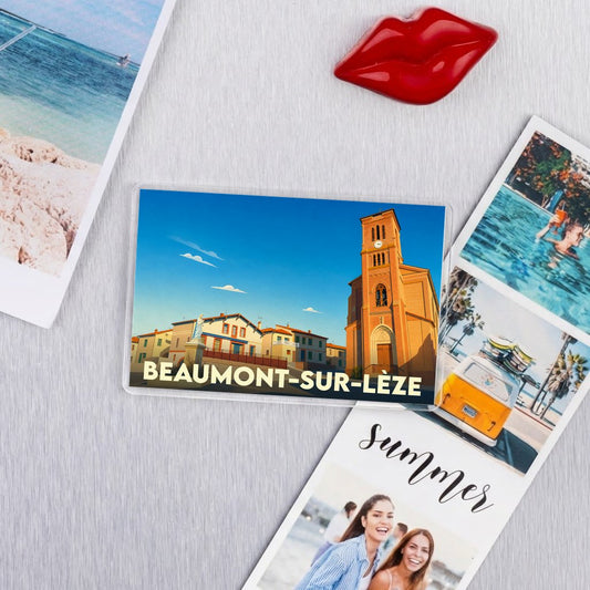 Magnet souvenir de la ville de Beaumont-sur-Lèze avec une illustration stylisée.