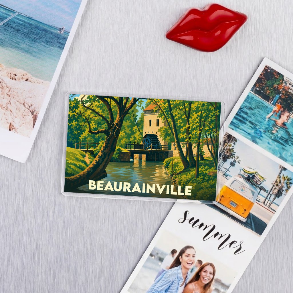 Magnet souvenir de la ville de Beaurainville avec une illustration stylisée d'un moulin à eau.