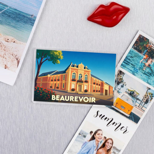 Magnet souvenir de la ville de Beaurevoir avec une illustration stylisée de sa mairie.
