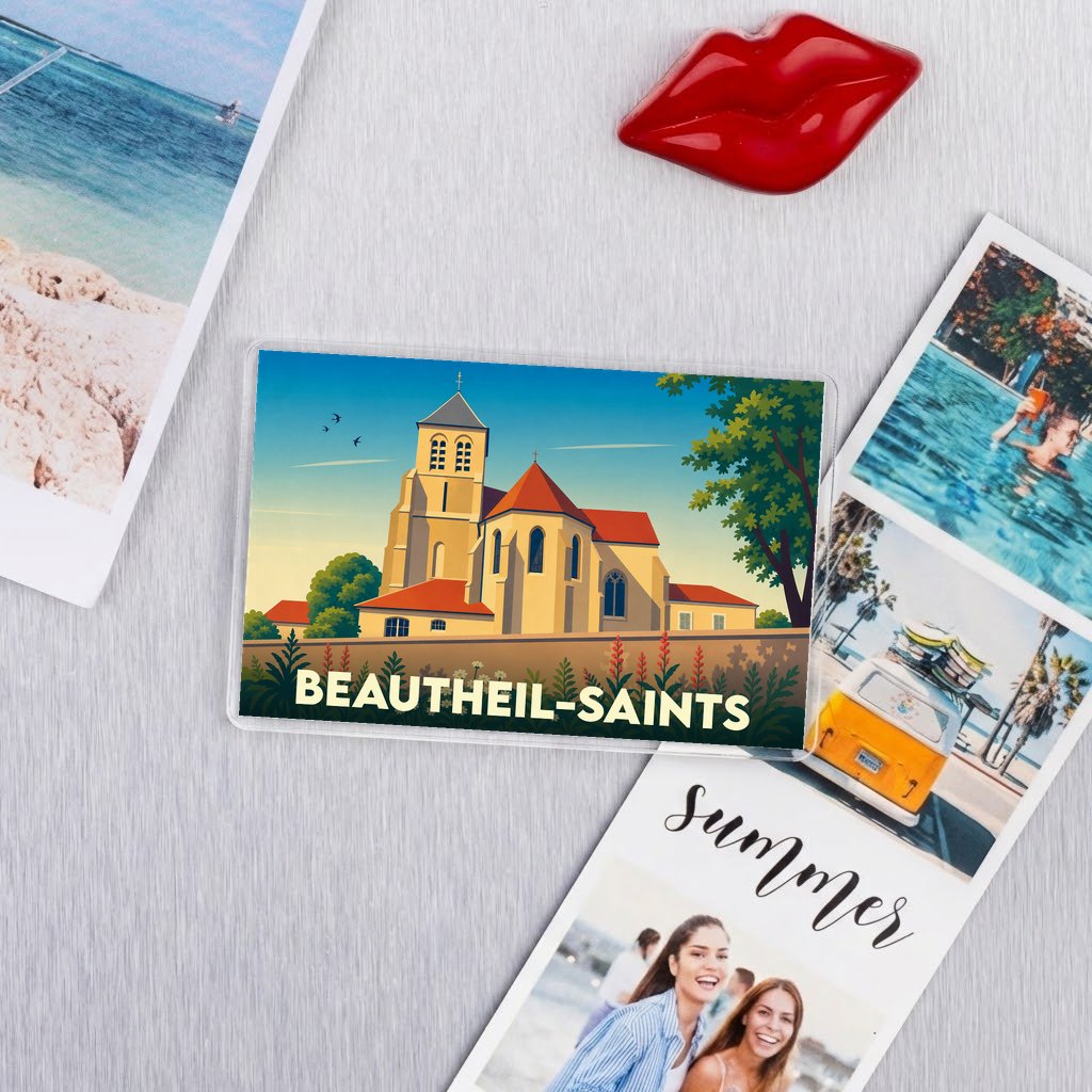 Magnet souvenir de la ville de Beautheil-Saints représentant une illustration stylisée de son église.