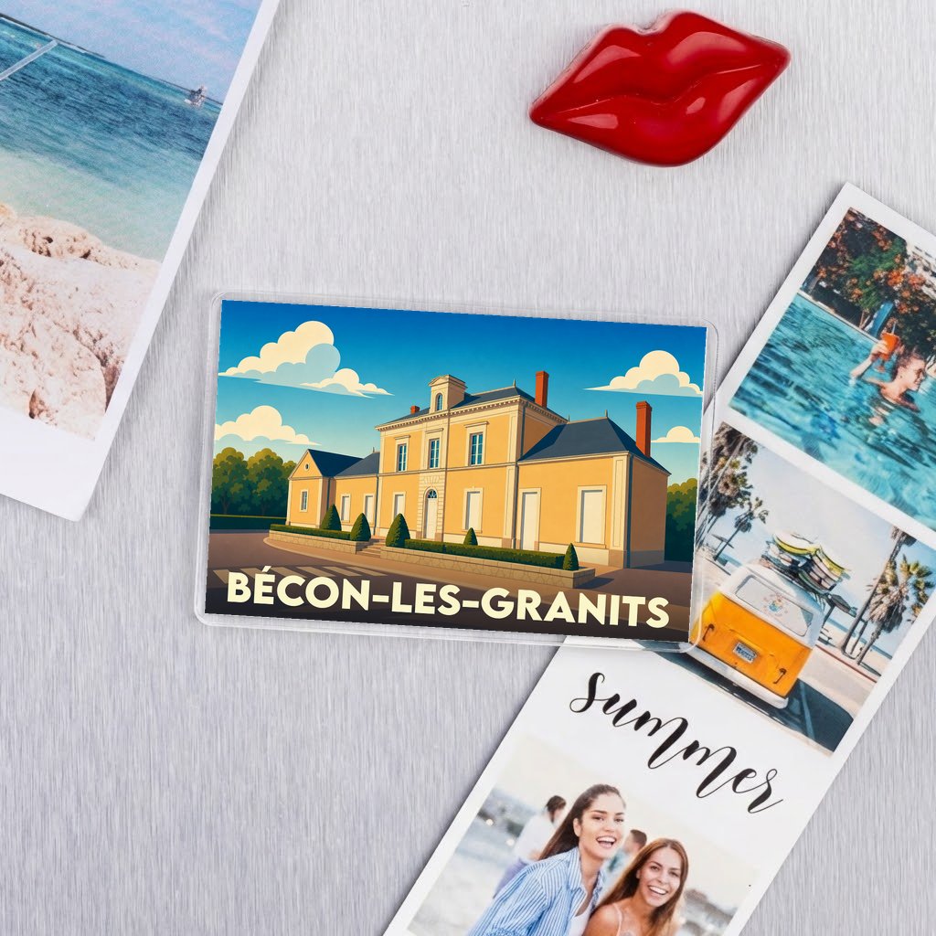Magnet souvenir de la ville de Bécon-les-Granits avec une illustration stylisée.