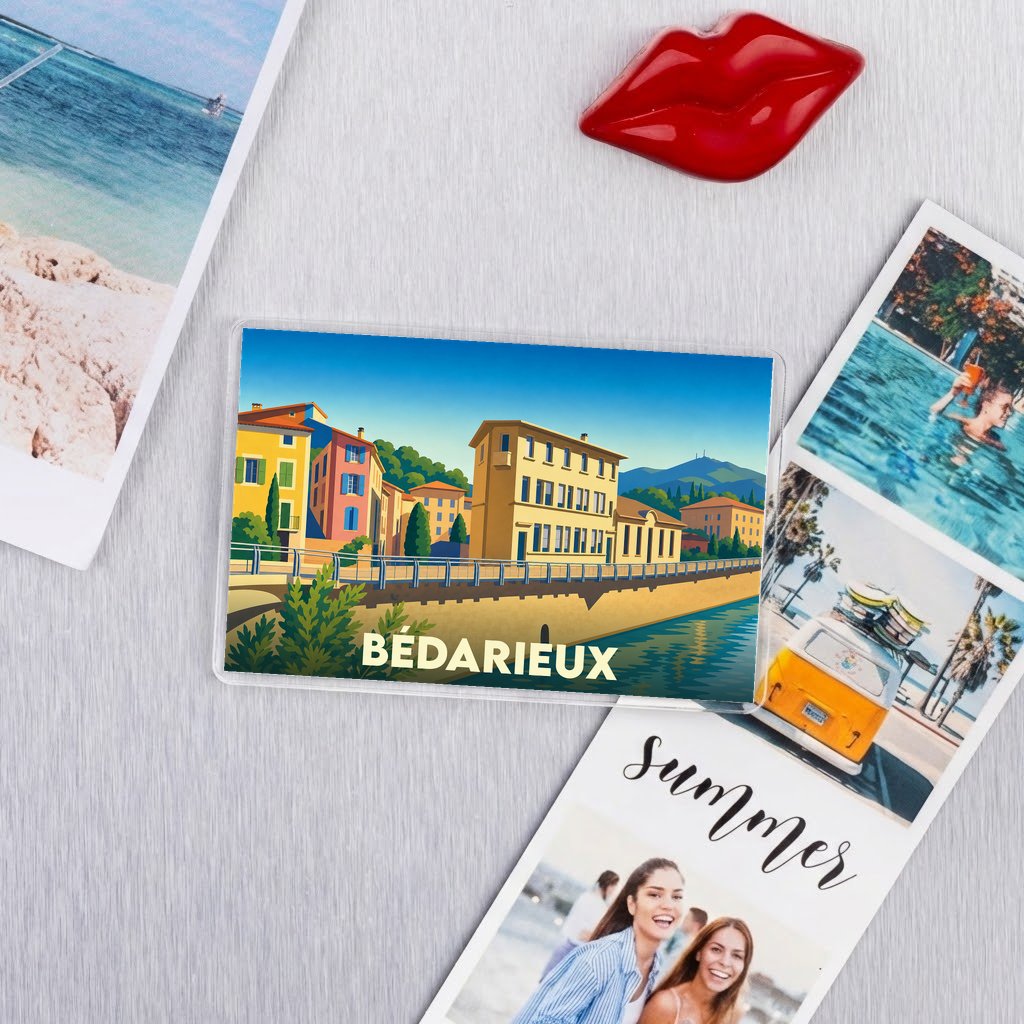 Magnet souvenir de la ville de Bédarieux avec une illustration colorée et stylisée.