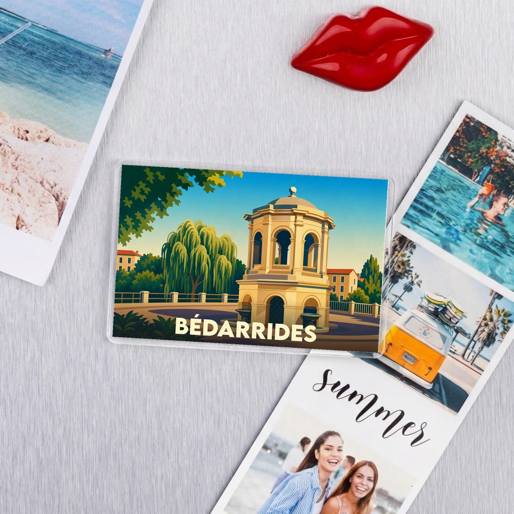 Magnet souvenir de la ville de Bédarrides avec une illustration stylisée.