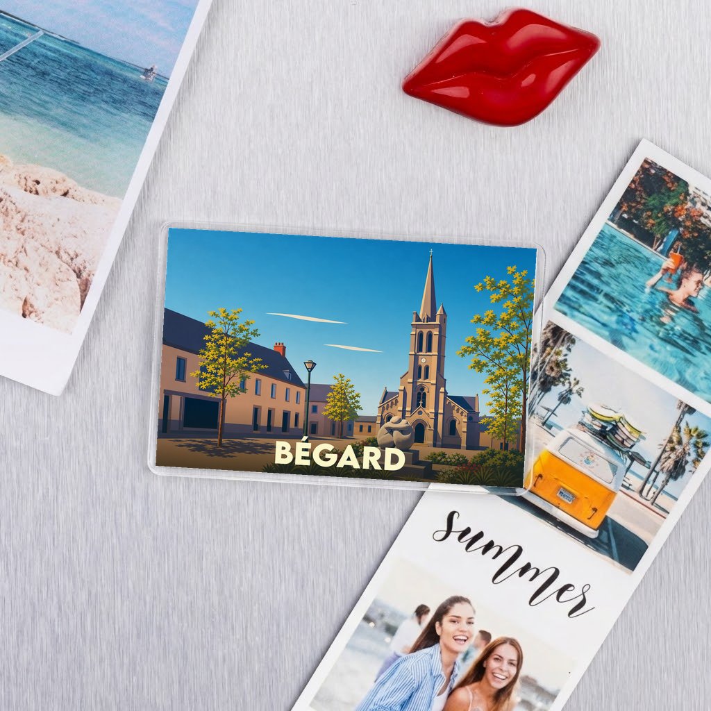 Magnet souvenir de la ville de Bégard avec une illustration stylisée.