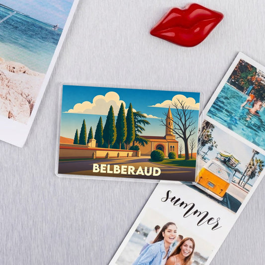 Magnet souvenir de la ville de Belberaud avec une illustration stylisée.