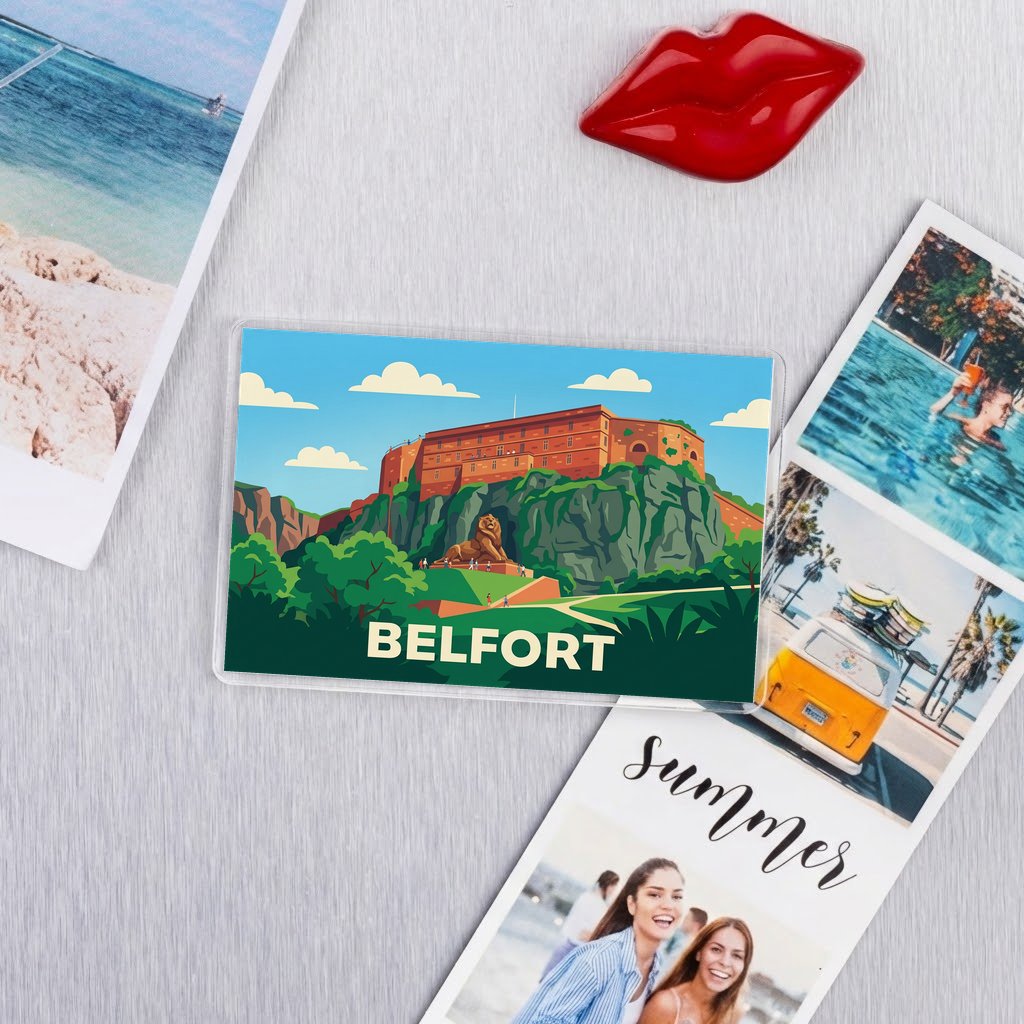 Magnet souvenir de la ville de Belfort avec une illustration stylisée.