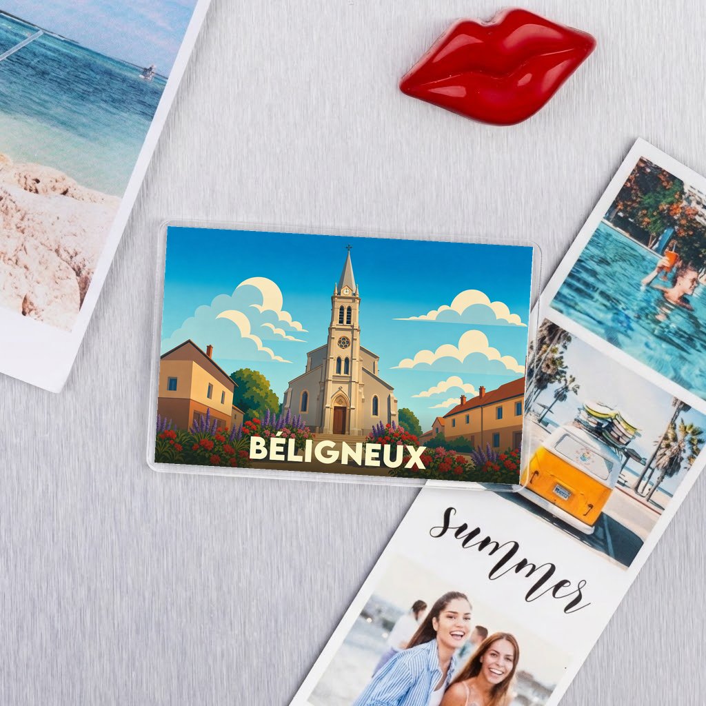 Magnet souvenir de la ville de Béligneux avec une illustration stylisée de son église.