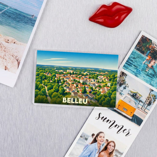 Magnet souvenir de la ville de Belleu avec une illustration panoramique stylisée.