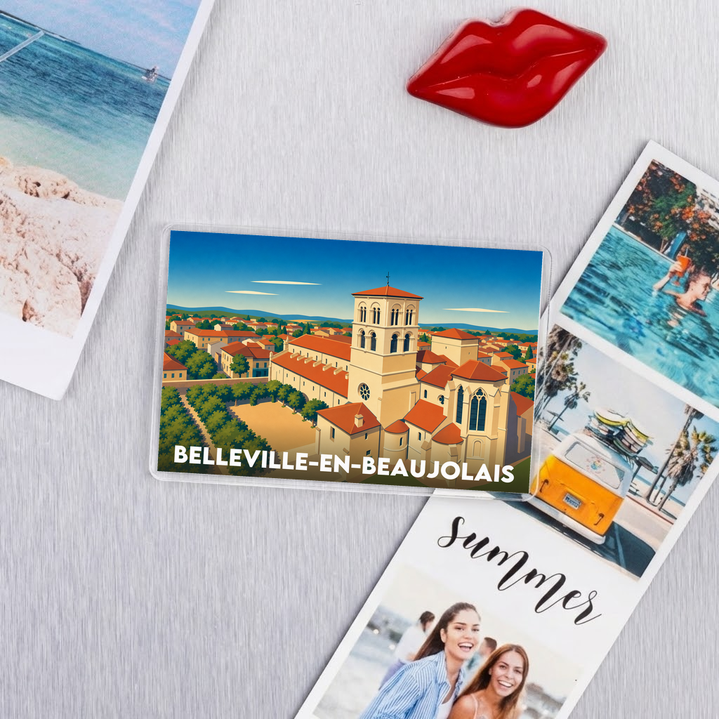 Magnet souvenir de la ville de Belleville-en-Beaujolais avec une illustration stylisée.
