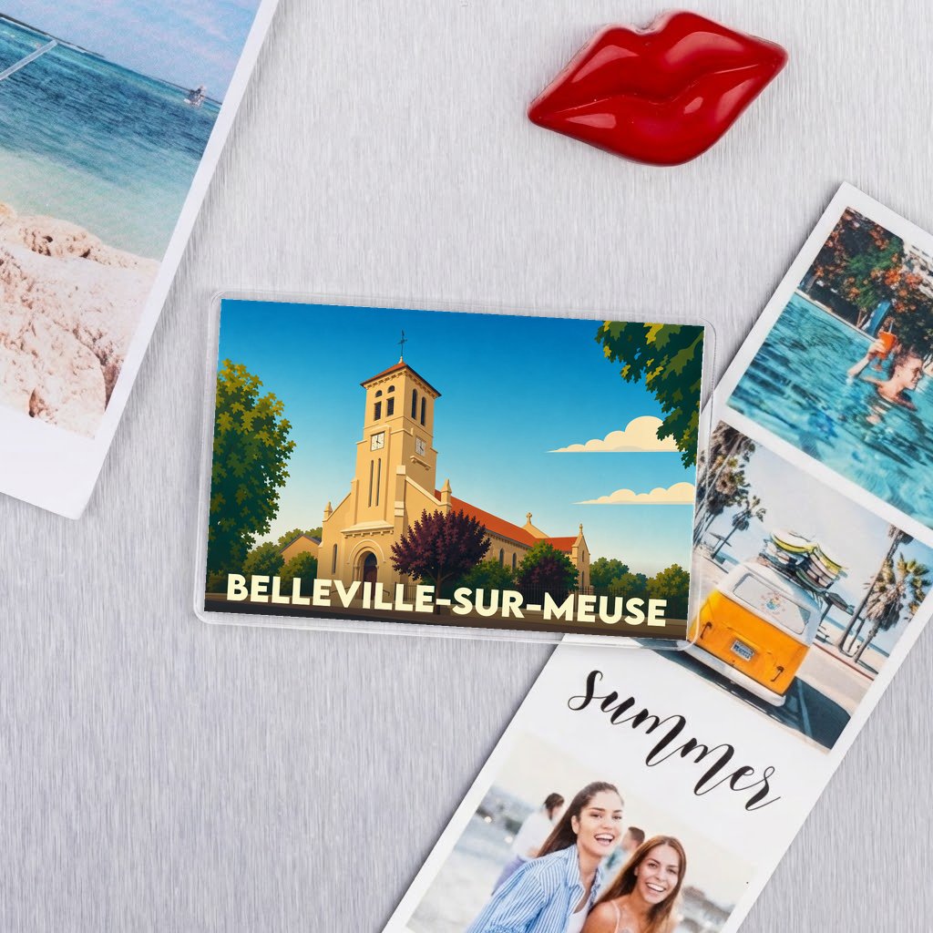 Magnet souvenir de la ville de Belleville-sur-Meuse avec une illustration stylisée de son église.
