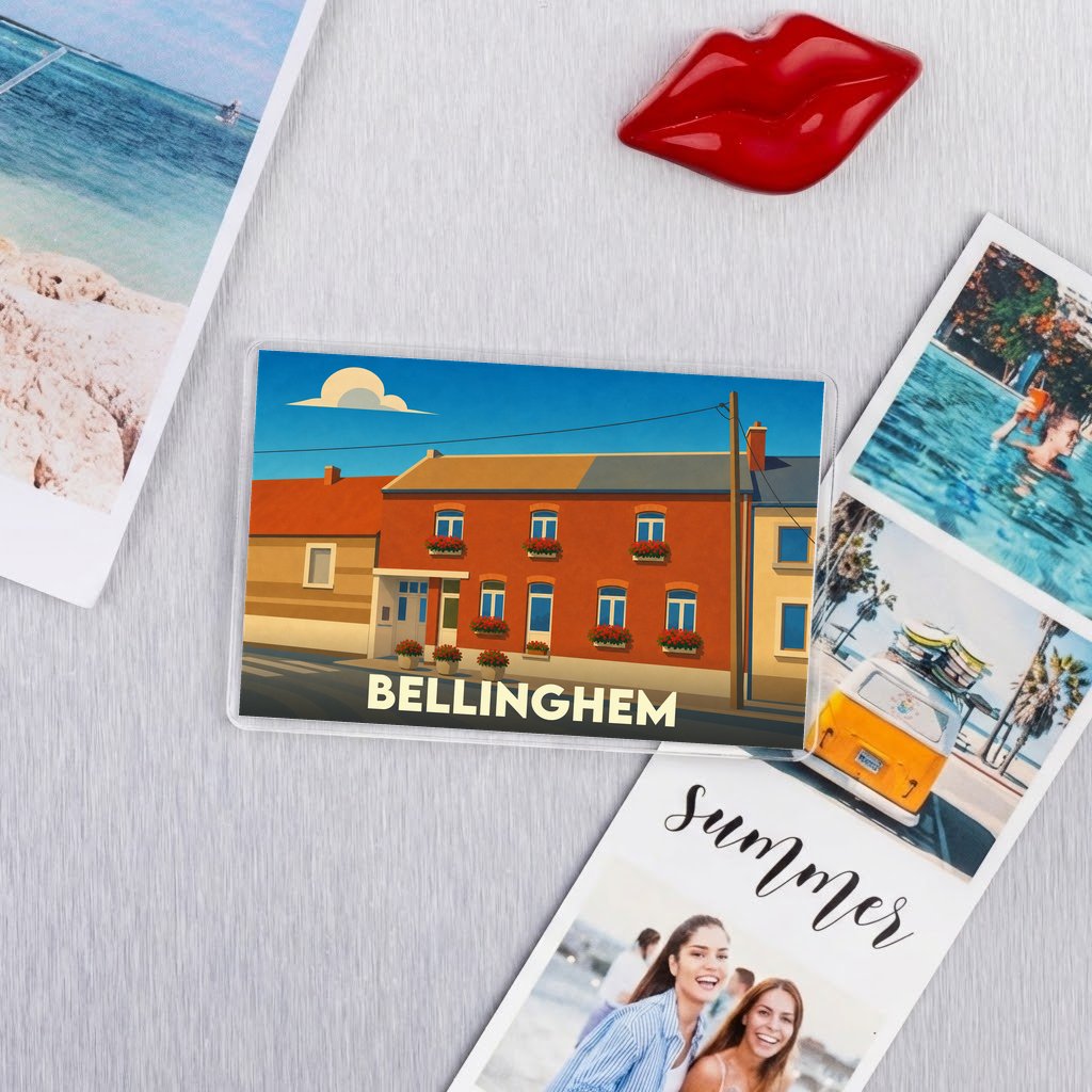 Magnet souvenir de la ville de Bellinghem avec une illustration stylisée de bâtiments colorés.