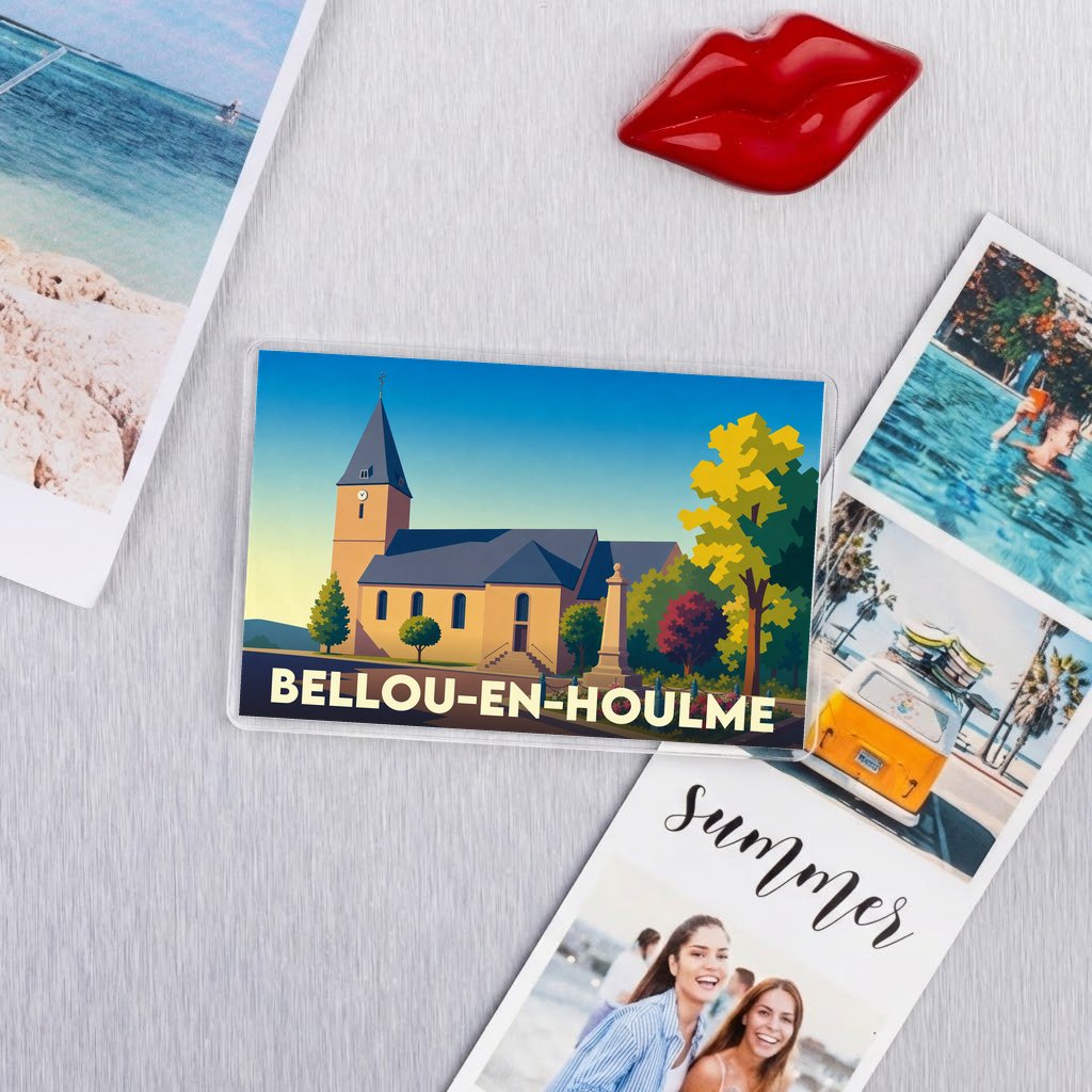 Magnet souvenir de la ville de Bellou-en-Houlme avec une illustration stylisée de son église.