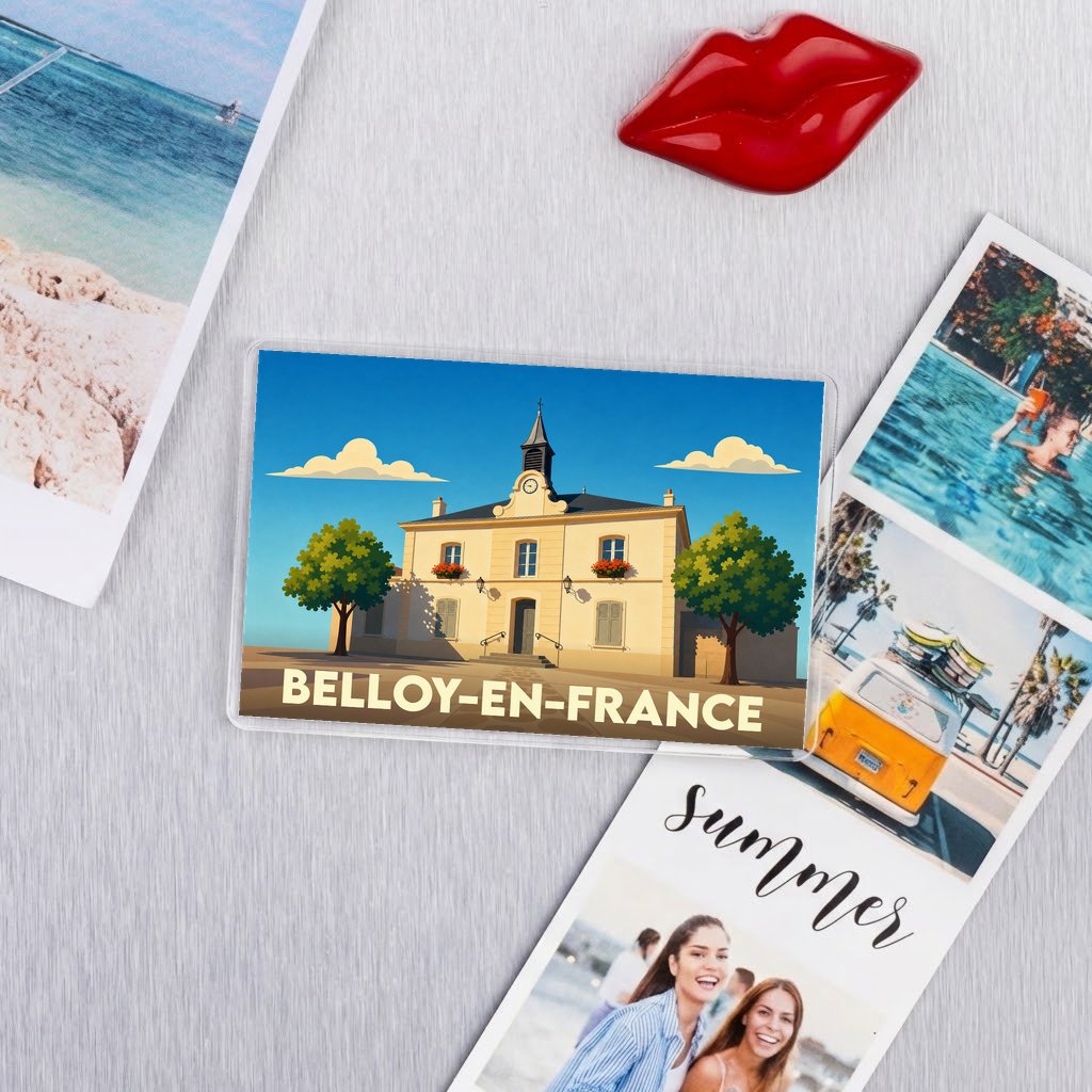 Magnet souvenir de la ville de Belloy-en-France avec une illustration stylisée de sa mairie.