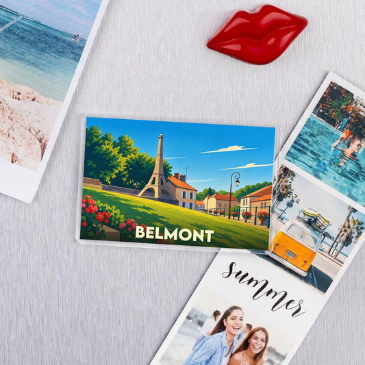 Magnat souvenir de la ville de Belmont avec une illustration stylisée de la tour Eiffel.