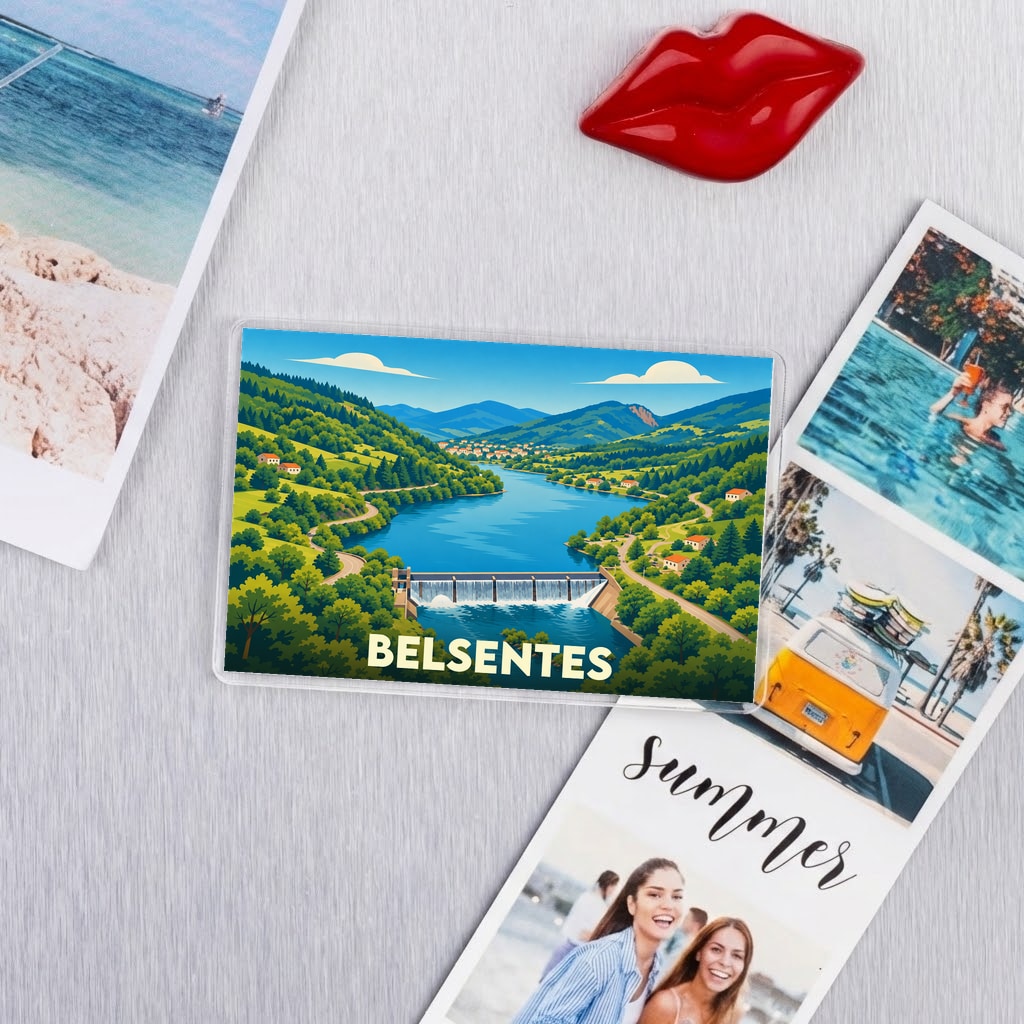 Magnet souvenir de la ville de Belsentes avec une illustration stylisée d'un paysage de rivière et de montagnes.