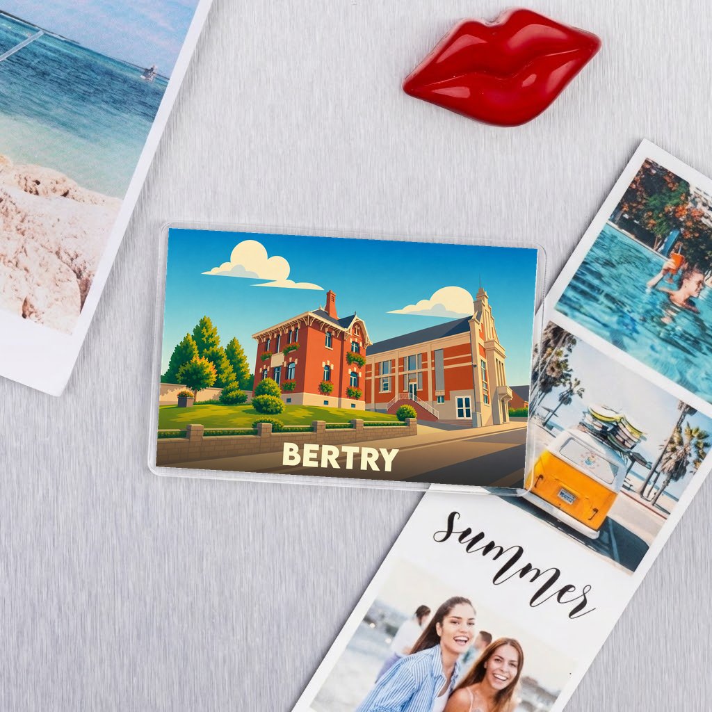 Magnet souvenir de la ville de Bertry avec une illustration stylisée de son architecture.