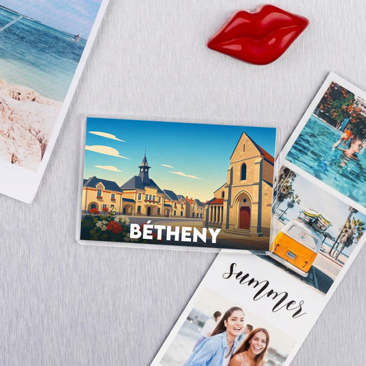 Magnet souvenir de la ville de Bétheny avec une illustration stylisée de son architecture.