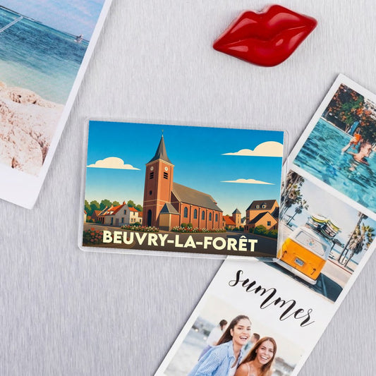 Magnet souvenir de la ville de Beuvry-la-Forêt avec une illustration stylisée de son église.