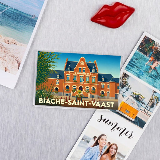 Magnet souvenir de la ville de Biache-Saint-Vaast avec une illustration stylisée de son hôtel de ville.