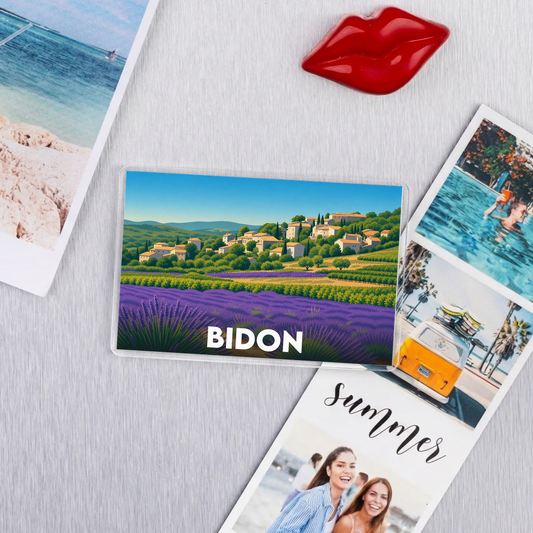 Magnet souvenir de la ville de Bidon avec une illustration stylisée de paysages provençaux.