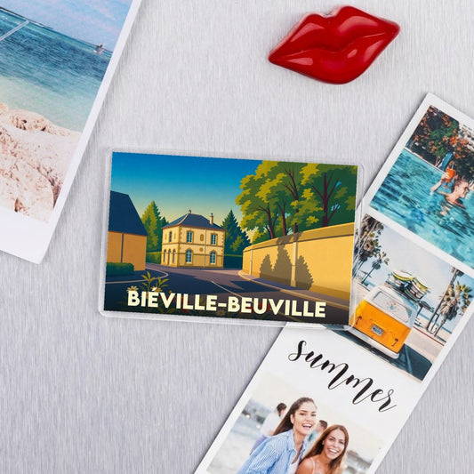 Magnet souvenir de la ville de Biéville-Beuville avec une illustration stylisée.