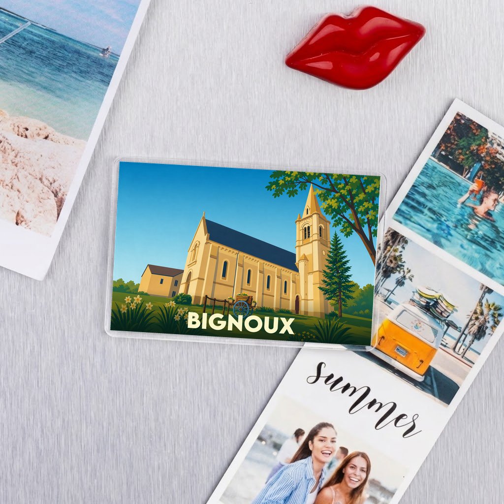 Magnet souvenir de la ville de Bignoux avec une illustration stylisée de son église.