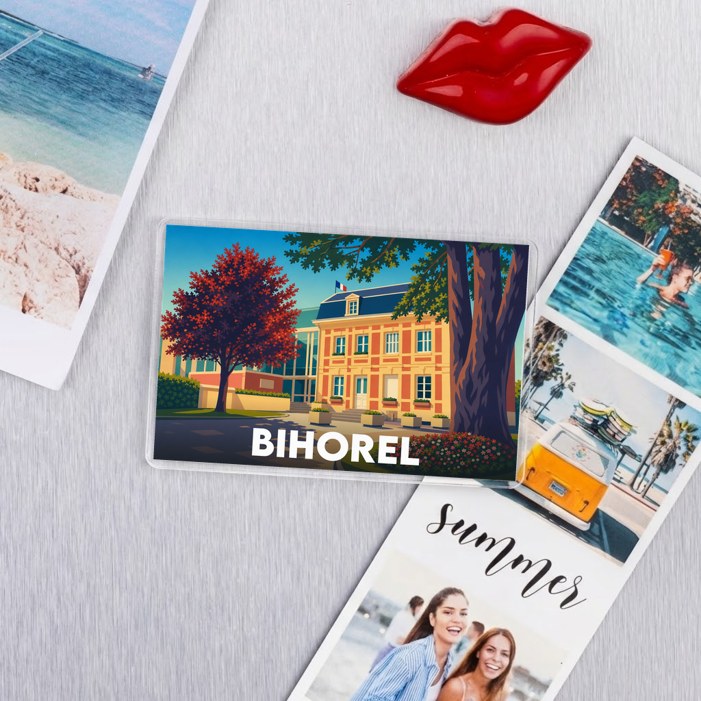 Magnet souvenir de la ville de Bihorel avec une illustration colorée et stylisée.