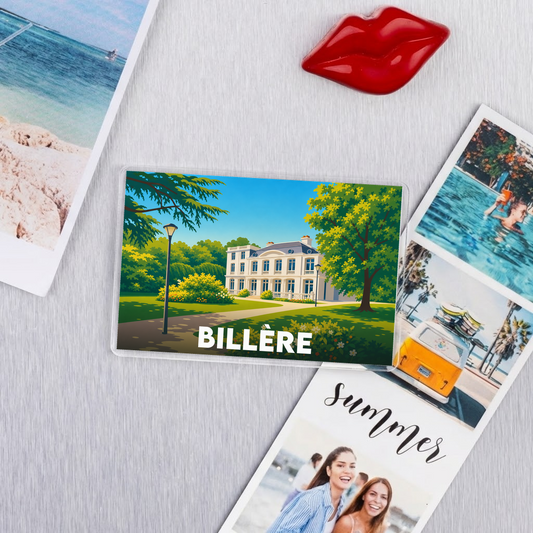 Magnet souvenir de la ville de Billère avec une illustration stylisée d'un château dans un parc.