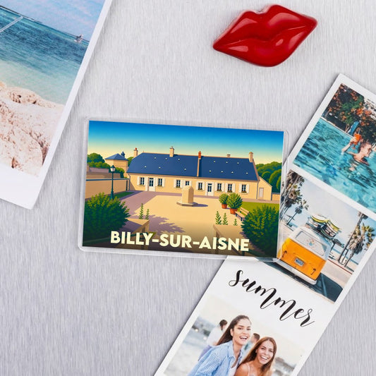 Magnet souvenir de la ville de Billy-sur-Aisne avec une illustration colorée et stylisée.