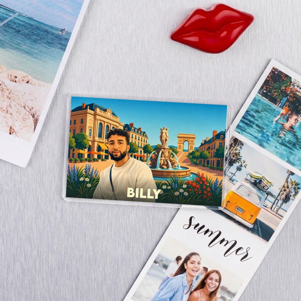 Magnet souvenir de la ville de Billy avec une illustration personnalisée et colorée.