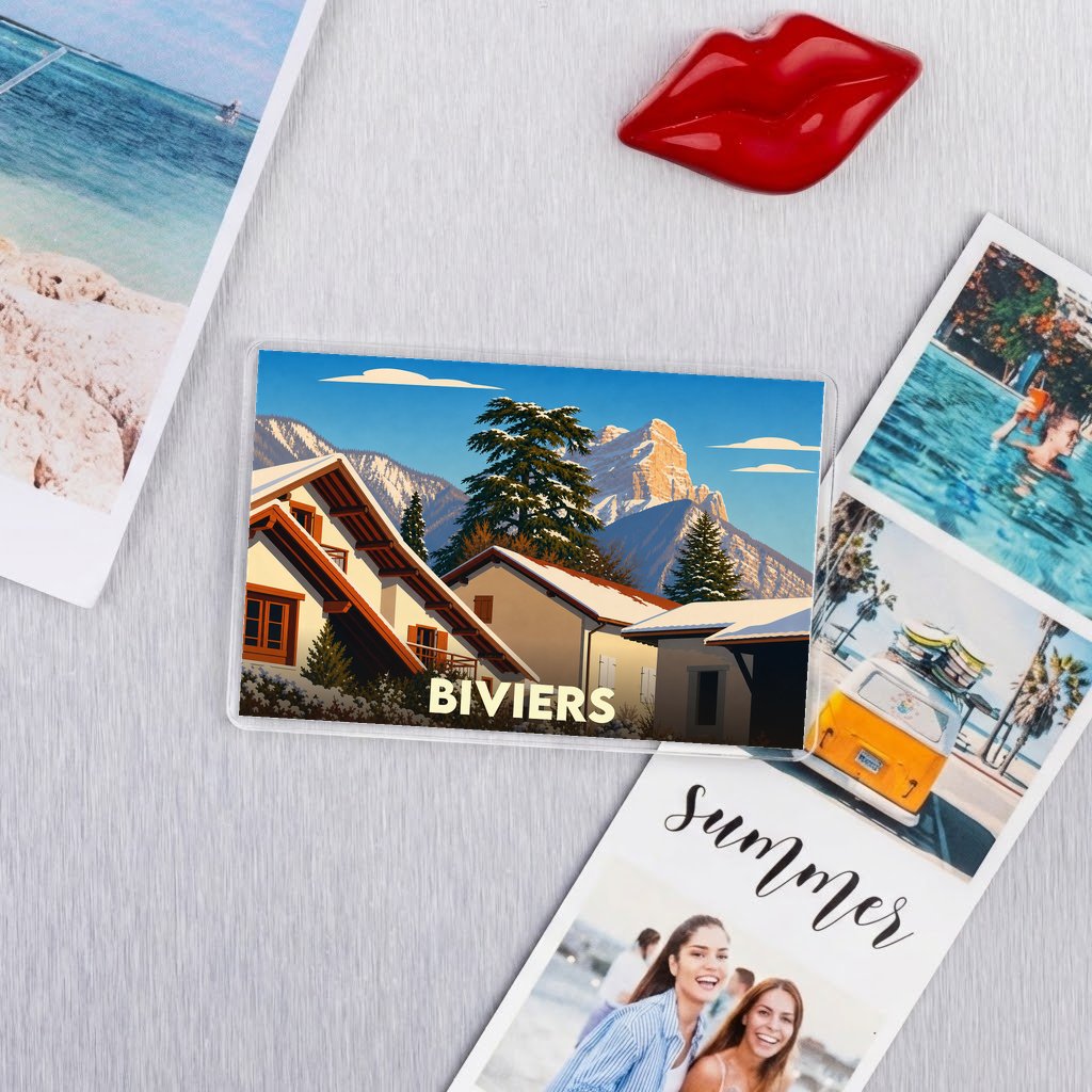 Magnet souvenir de la ville de Biviers avec une illustration stylisée de chalets enneigés et de montagnes.
