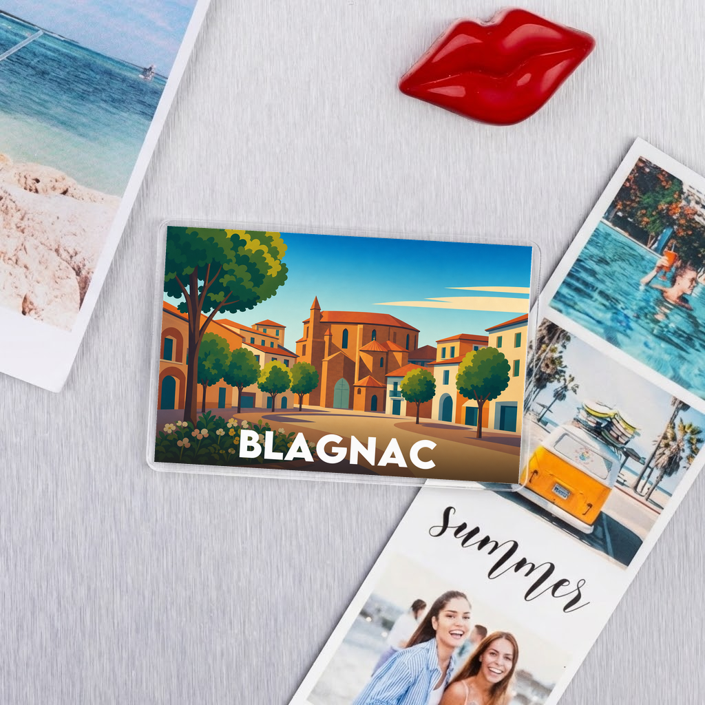 Magnet souvenir de la ville de Blagnac avec une illustration colorée et stylisée.