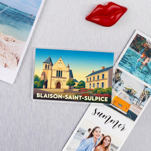Magnet souvenir de la ville de Blaison-Saint-Sulpice avec une illustration stylisée.