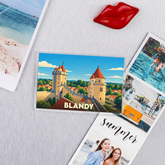 Magnet souvenir de la ville de Blandy avec une illustration stylisée de son château.