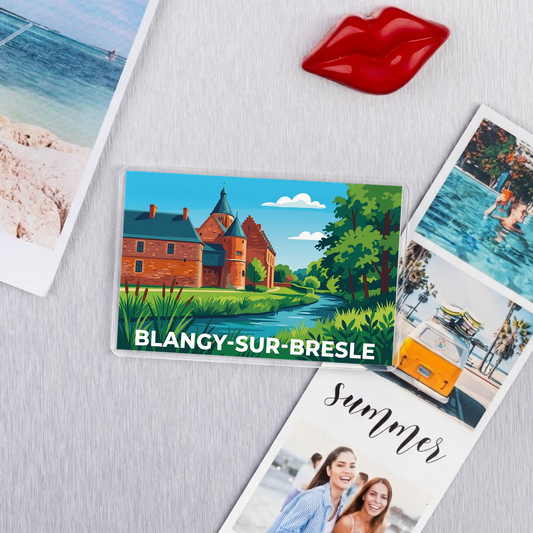 Magnet souvenir de la ville de Blangy-sur-Bresle avec une illustration stylisée.