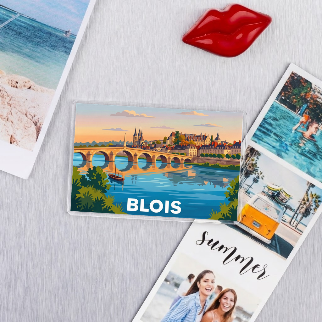Magnet souvenir de la ville de Blois avec une illustration stylisée de son célèbre pont.