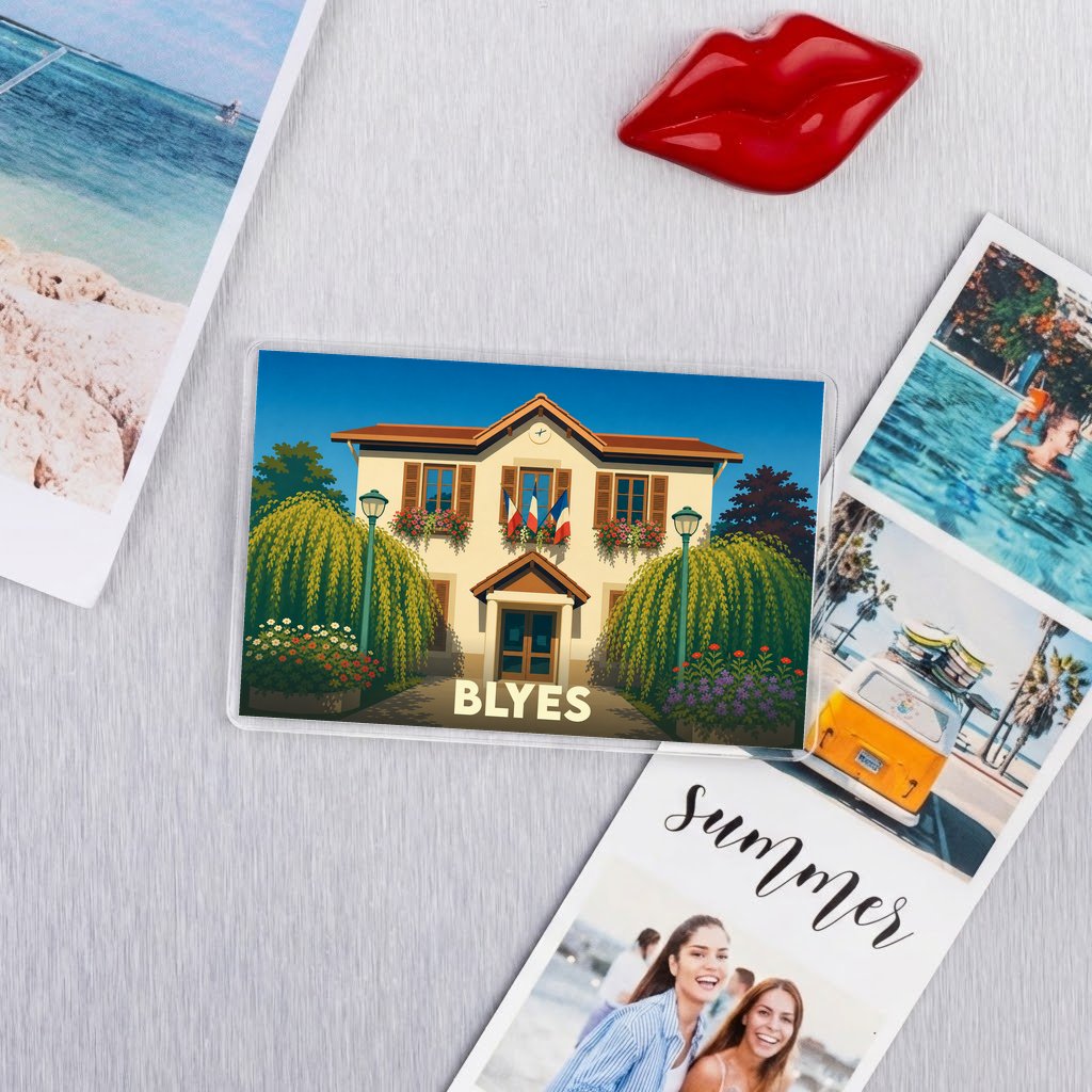 Magnat souvenir de la ville de Blyes avec une illustration stylisée de sa mairie.
