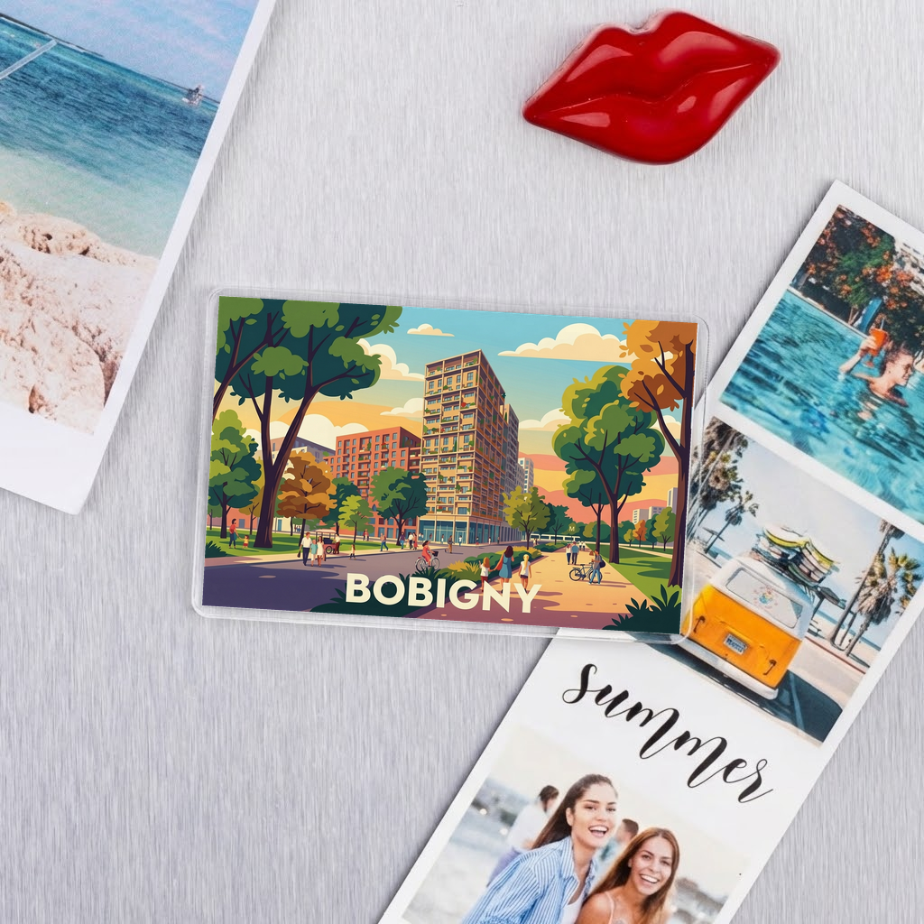 Magnet souvenir de la ville de Bobigny avec une illustration stylisée de son paysage urbain.
