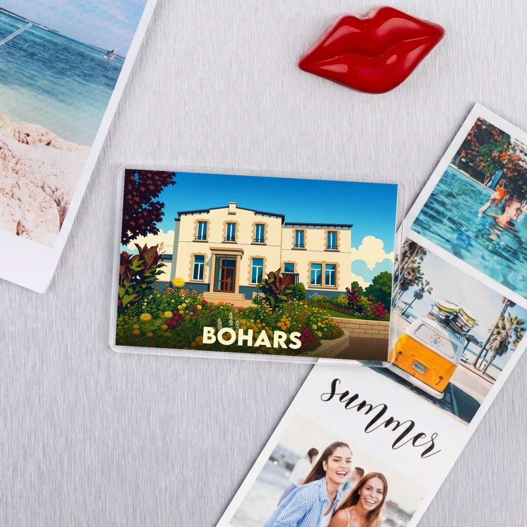 Magnet souvenir de la ville de Bohars avec une illustration stylisée d'une maison entourée de fleurs.