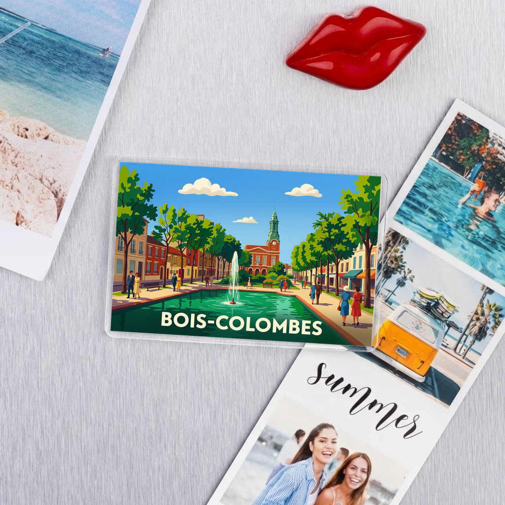 Magnet souvenir de la ville de Bois-Colombes avec une illustration stylisée d'une place avec fontaine.