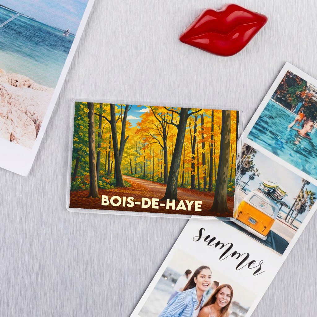 Magnet souvenir de Bois-de-Haye illustré d'une forêt aux couleurs d'automne.