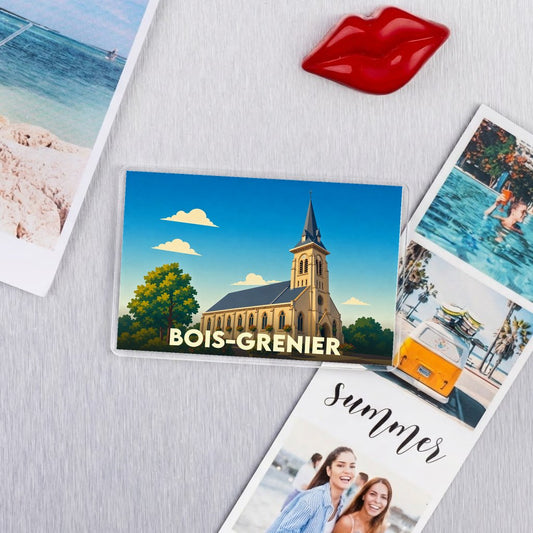 Magnet souvenir de la ville de Bois-Grenier avec une illustration stylisée de son église.