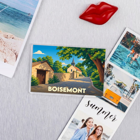 Magnet souvenir de la ville de Boisemont avec une illustration stylisée d'un paysage urbain.