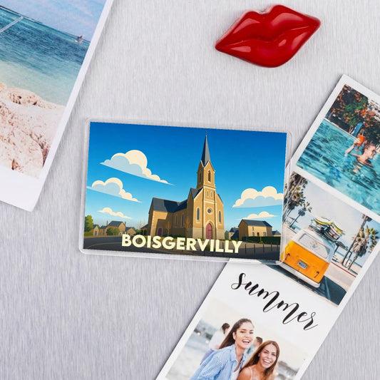 Magnet souvenir de la ville de Boisgervilly avec une illustration stylisée de son église.