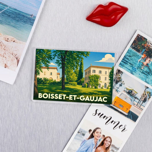 Magnet souvenir de la ville de Boisset-et-Gaujac avec une illustration stylisée.