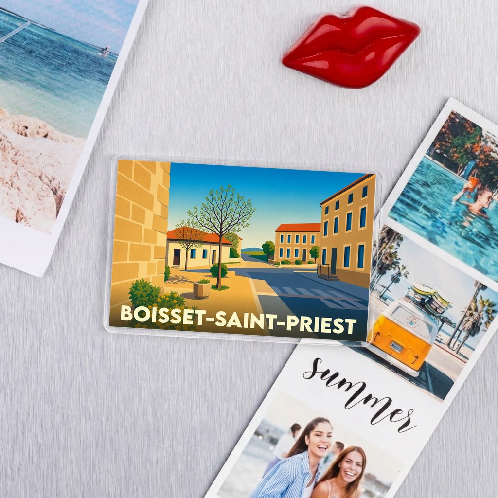 Magnet souvenir de la ville de Boisset-Saint-Priest avec une illustration stylisée.